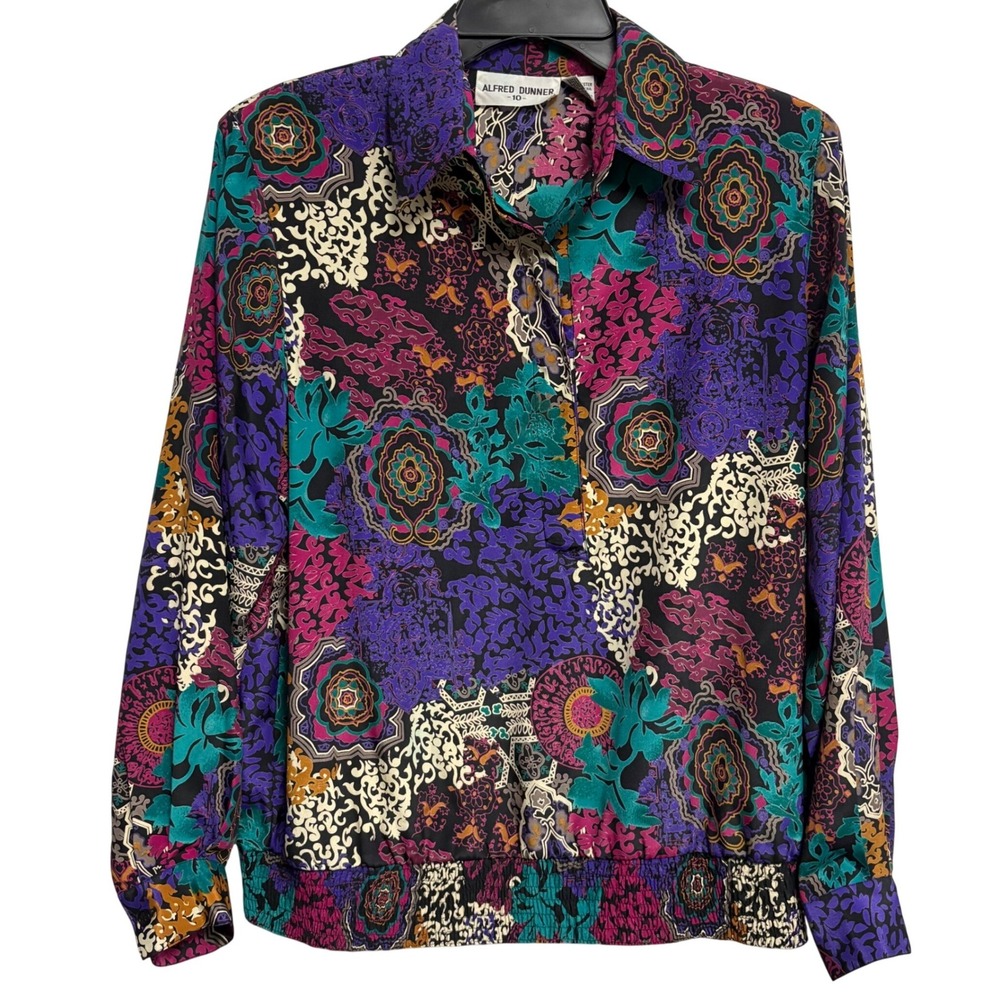 Alfred Dunner 90s Retro Floral Blouse Womens 10 Vintage Button-Front Top
